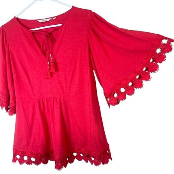 Boden Ayla Jersey Top Sunset Crochet Trim Bell Sleeves Tassels Boho Women’s Sz 4 - Picture 4 of 12